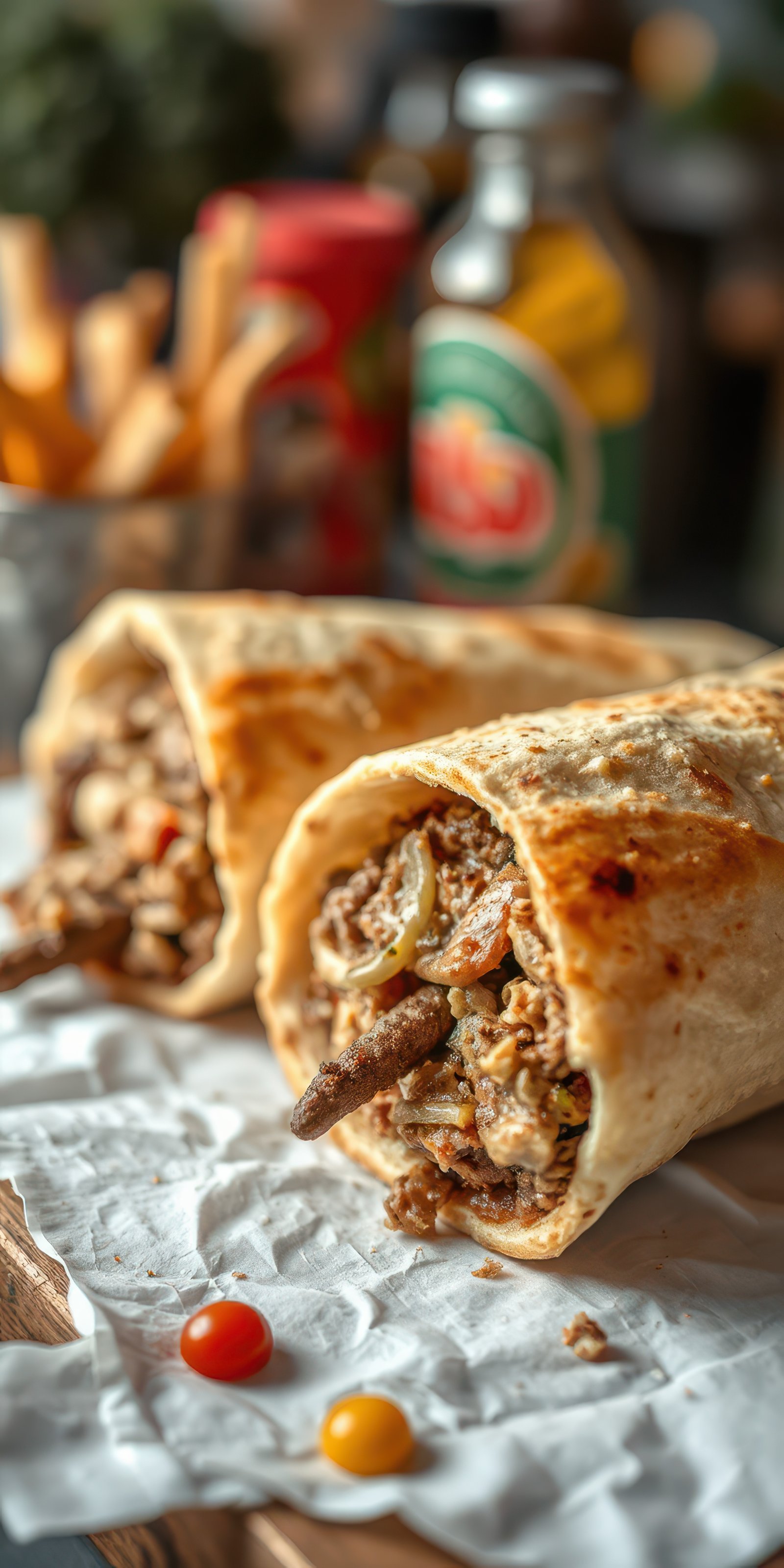 Freshly prepared burritos stuffed with seasoned meat and vegetables on a rustic table setting